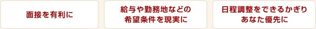 [面接を有利に][給与や勤務地などの希望条件を現実に][日程調整をできるかぎりあなた優先に]